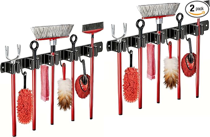 2 Packs SUS304 Heavy Duty Mop and Broom Holder Wall Mount | 5 Racks and 4 Hooks Broom Organizer Storage Tool Racks, Self Adhesive Solid Non-slip for Home Kitchen Garden Laundry Garage