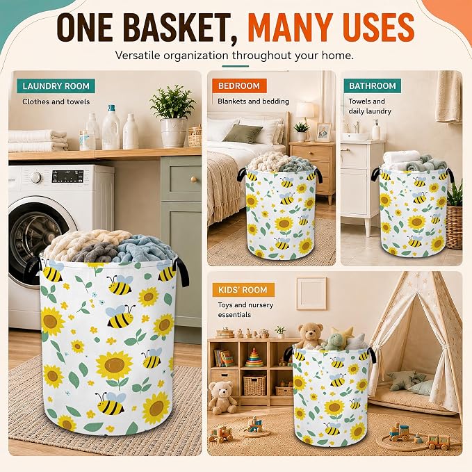 Cute Bee Sunflower Laundry Basket with Handles,Foldable Oxford Laundry Hamper,Collapsible Clothes Storage Basket for Laundry Room/Bathroom/Bedroom/Dormitories 20.8 x 16 Inches