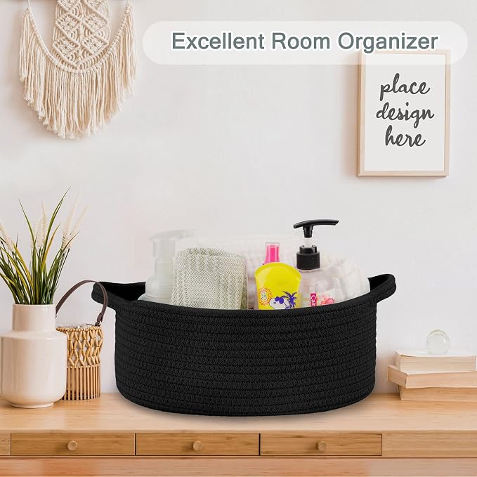 COMSE Empty Small Gift Basket with Bag & Ribbons, Black | Cotton Rope, 12"x 8"x 5", Baby Toy Organizer, Stores Small Items for Bedrooms, Nurseries, Bathrooms, Living Rooms, Offices