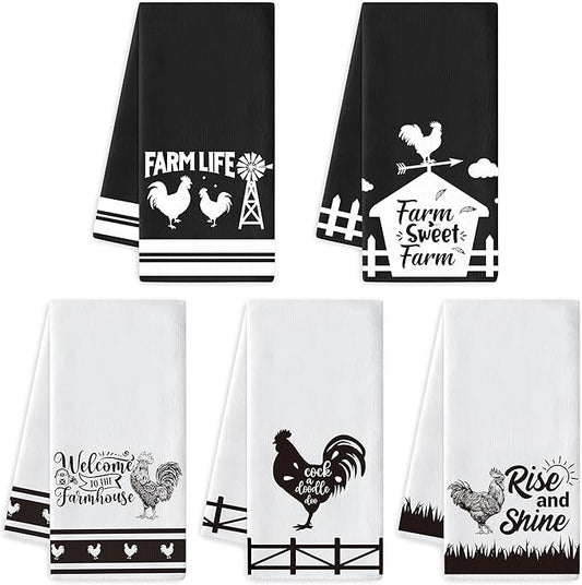 R HORSE Funny Chickens Kitchen Dish Towe - 5Pcs Farm Rooster Themed Kitchen Dishcloth Black White Chickens Absorbent Cleaning Dishcloth Bar Hilarious HandHand Towels for Mom Women Housewarming Gifts