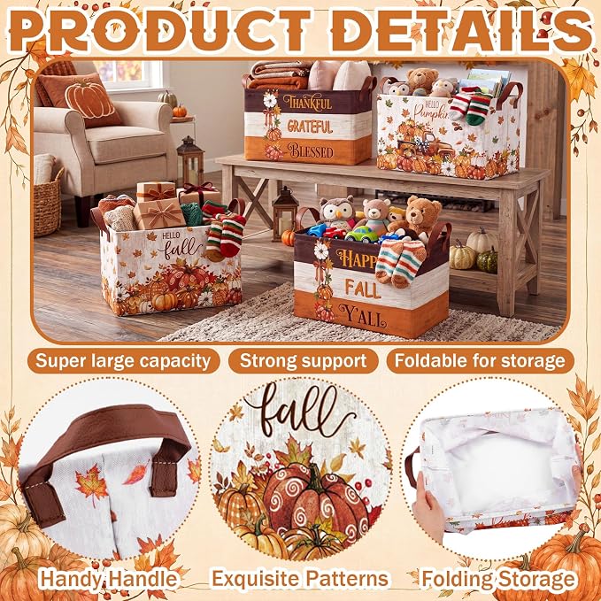 4 Pcs Fall Storage Basket for Gifts Empty Large Pumpkin Storage Bins with Handles 15 x 10 x 8 Fabric Laundry Baskets Autumn Harvest Collapsible Organizer Boxes for Thanksgiving Home Cloth Toys