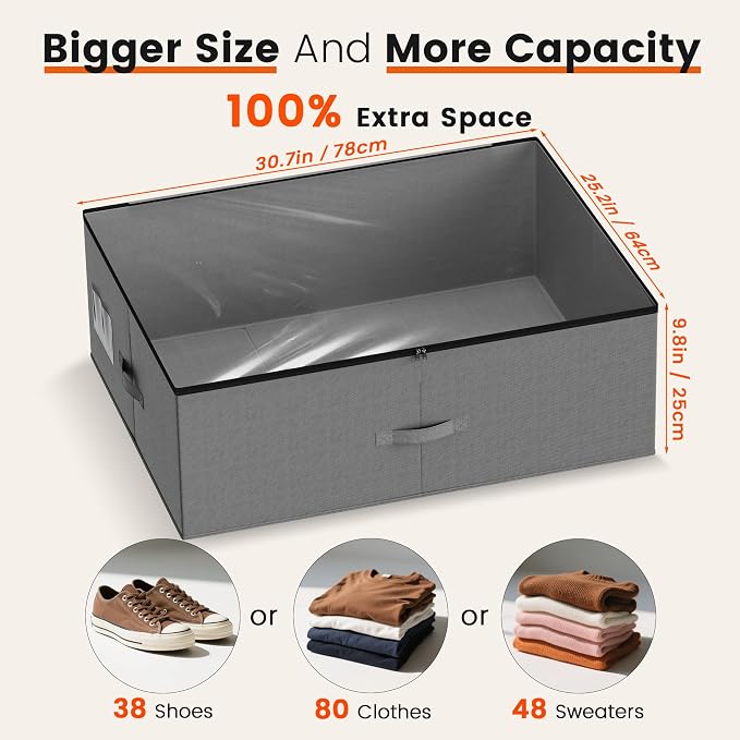 XXXXL 125L Under Bed Storage, Storage Containers with Support & Clear Lid, Support Frame, Underbed Storage Bins for Clothes, Shoes, Blankets, and Toys 2 pack