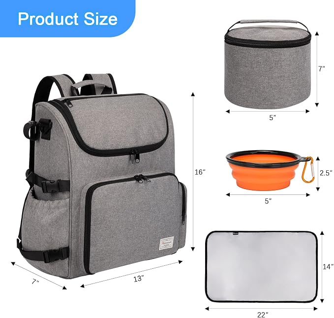 Modoker Multi-Compartment Dog Travel Backpack for Pet Supplies, Grey | Dog Travel Accessories Organizer with 2 Food Bags, 2 Bowls, Quick-Access Pockets, Tissue Opening, Luggage Sleeve, Feeding Mat