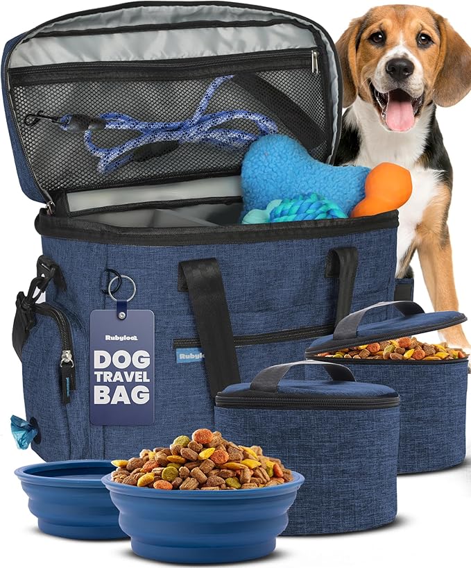 Original Doggy Bag™ Dog Travel Bag for Supplies with Travel Bowls | 2 BPA-Free Collapsible Bowls, 2 Pet Food Containers, TSA-Ready, Road Trips, Camping, Weekend Getaways, Doggy Gift, Navy
