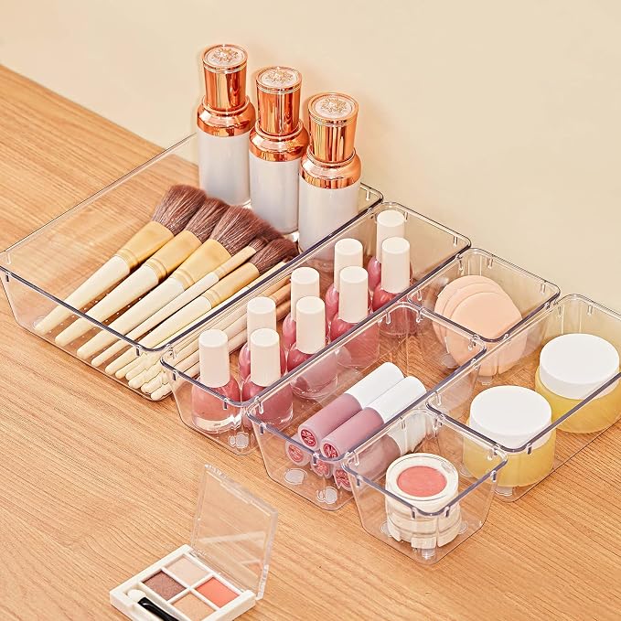 SMARTAKE 28 Piece Drawer Organizers with Non-Slip Silicone Pads, 4-Size | Clear Desk Bathroom Drawer Organizer Trays Storage Tray for Makeup, Jewelry, Utensils in Bedroom Dresser, Office and Kitchen