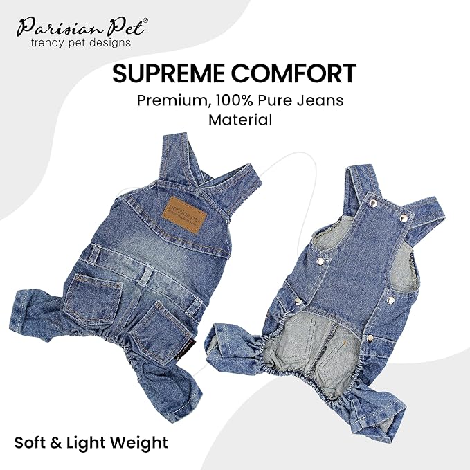 Parisian Pet Dog Overalls - Blue Denim Dog Clothes - Breathable Sling Puppy Jumpsuit - Durable and Trendy Overalls for Dogs - Comfortable Jeans Dog Clothes for Small Dogs - Classy Pet Apparel
