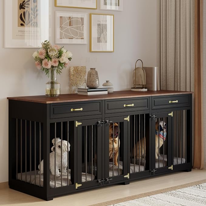 Dog Crate Furniture - Indoor Wooden Dog Kennel Crate Furniture with 2 Dividers, 3 Drawers, and 3 Lockable Doors, 72"x23.6"x31.5"H, Black