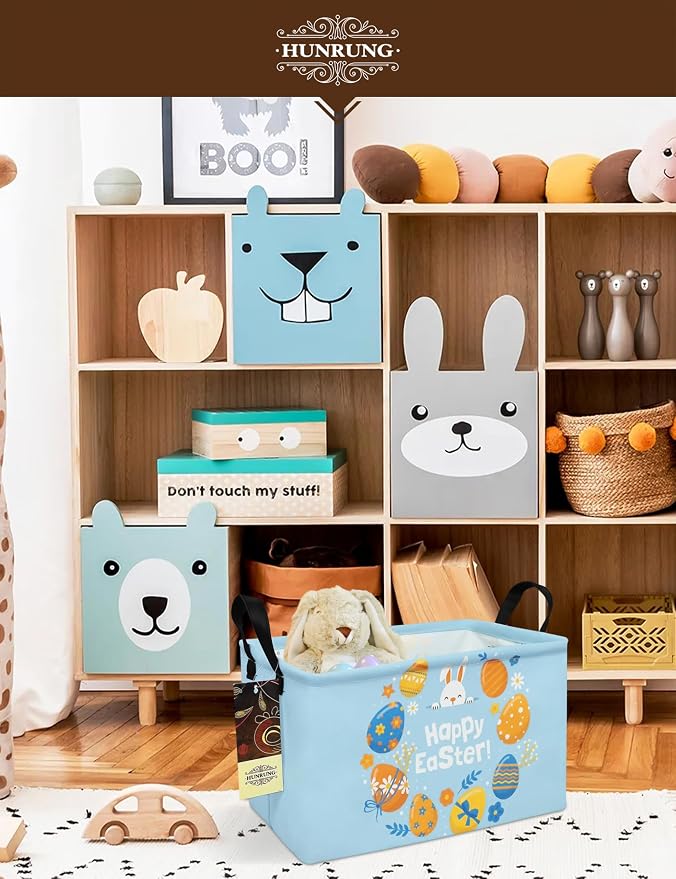 Rectangle Canvas Foldable Storage Basket for Nursery, Rabbit Easter Egg | Portable and collapsible cloth receptacle. Stores pet essentials, daily use items. Folds flat when not in use