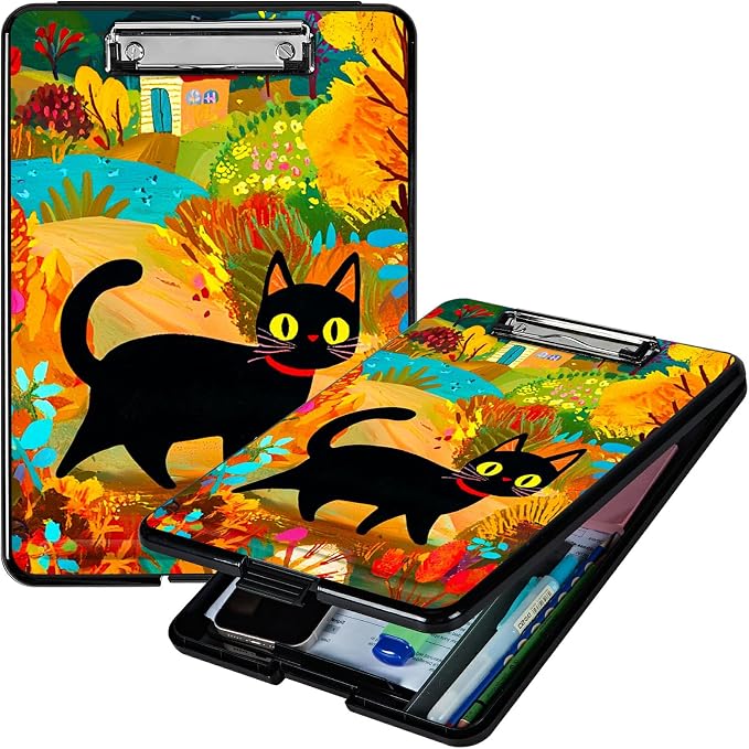 Black Cat in Autumn A4 Clipboard with Storage Pen Holder, Clipboards Organizer Nursing Clipboard Foldable File Folder Plastic Clipboard Folio Clip Board for Office Students Classroom Doctor