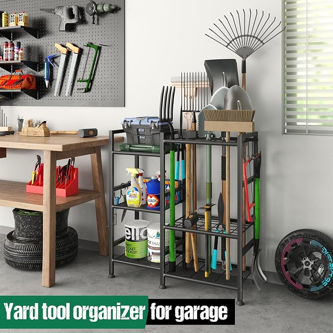 keomaisyto Garden Tool Organizer with Large Hooks, Garage Storage Rack | 3 Tier Yard Tool Holder with 35 Long-Handled Tool Slots, Heavy Duty Garden Tool Rack for Shed, Yard, Garage