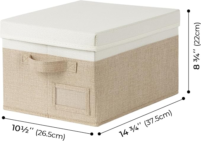 GRANNY SAYS Storage Bins with Lids, Decorative Storage Boxes with Lids | Storage Box with Dust Cover, Handles & Lable, Collapsible, Ideal for Closet Clothes Blanket Toys, Medium, White&khaki, 3-Pack