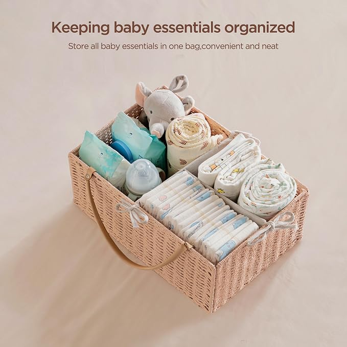 HBlife Large Baby Diaper Caddy Organizer Pink, Paper Rope Storage Baskets Nursery Bin with Removable Divider, Portable Car Organizer for Diapers, Baby Shower Gifts, Newborn Essentials Must Haves