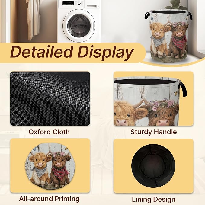 Laundry Hamper Foldable with Handles,Cute Highland Cow Oxford Cloth Laundry Basket,Storage Organizer for Bathroom Bedroom Dorm 16"x20.8"