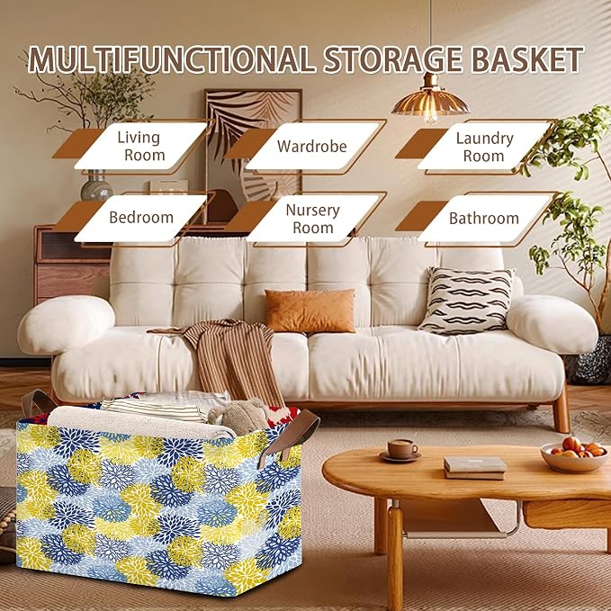 Floral Chrysanthemum Storage Basket Large 17x11.5x10.5 Inche-Collapsible Fabric Organizer Bin with Handles for Seasonal Decor,Living Room,Porch-Decorative Hamper with Elegant Blossom Pattern-1 Pack