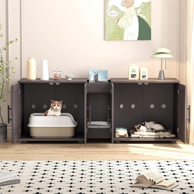 55" Cat Litter Box Enclosure Furniture, Wooden Hidden Litter Box Cabinet with Barn Door & Double Rooms, 3 in 1 Large Cat Litter Cabinet Pet Furniture for Living Room & Bedroom