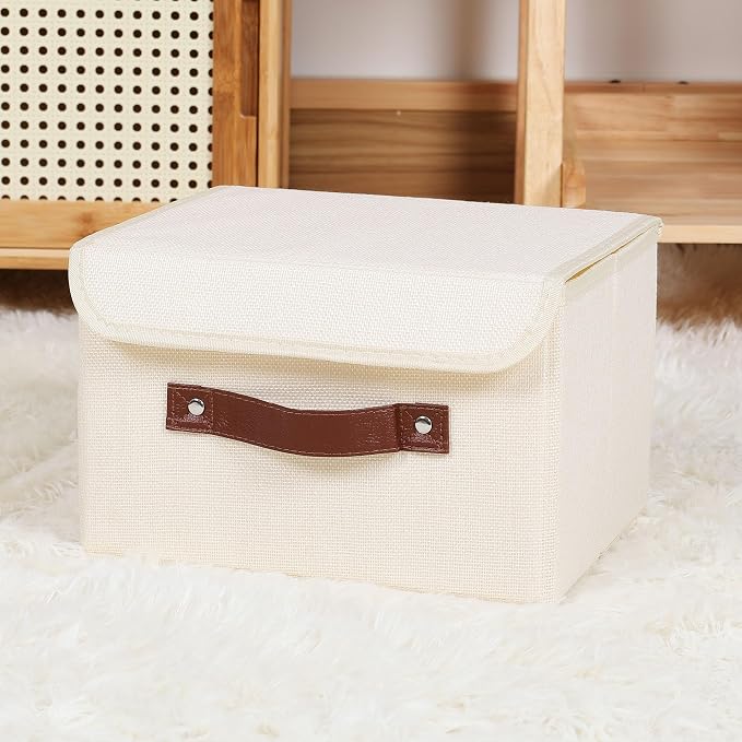 ANMINY Fabric Storage Box Bins with Lids, Beige, 10"x8"x7" | Keepsake Memory Storage, Cotton Linen, PP Board Reinforced, Washable, PU Handles, Foldable & Stackable, Decorative, Small