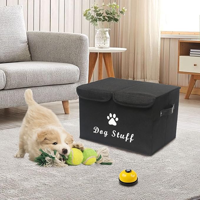 Large Storage Boxes - Large Linen Fabric Foldable Storage Cubes Bin Box Containers with Lid and Handles for Dog Apparel & Accessories, Dog Toys(Black)