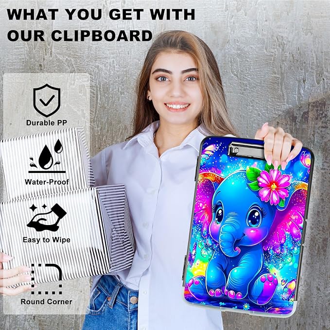 Blue Elephant Flowers A4 Clipboard with Storage Pen Holder, Clipboards Organizer Nursing Clipboard Foldable File Folder Plastic Clipboard Folio Clip Board for Office Students Classroom