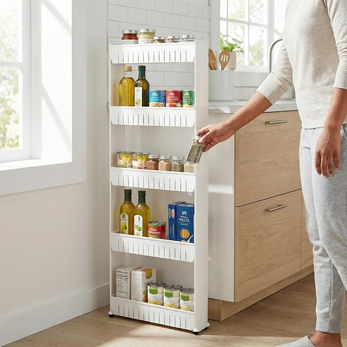 Lavish Home Slim Rolling Storage Cart, White, 21.5” x 5” x 52”
