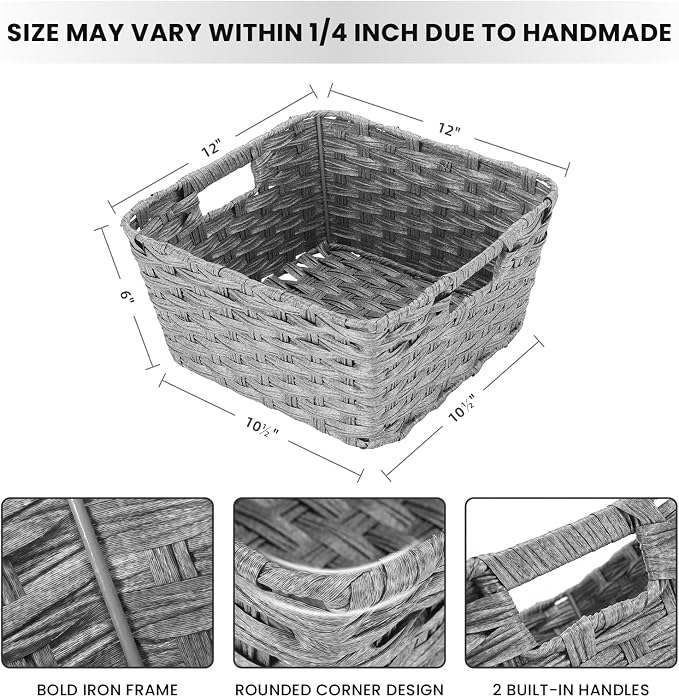 2-Pack Plastic Wicker Storage Baskets for Bathroom, 12"x12"x6", Grey | onlytak Woven Storage Baskets, Stackable & Durable, for Shelves, Closet, Toilet Paper, Home Organizing