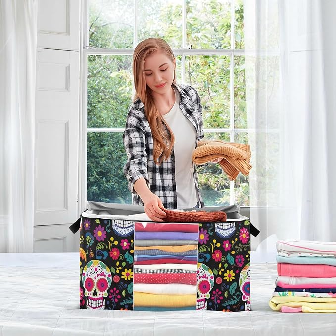 Generic Skull Flowers Day Of The Dead Clothes Storage Bag Bins 2 Pack Foldable Storage Containers Large Closet Organizer with Zipper Under Bed Storage for Bed Sheets Clothing Comforters 60L