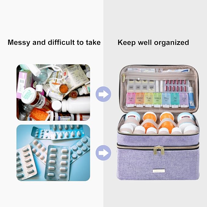 Lexeeco Travel Medicine Pill Bottle Organizer Bag with Portable Small Pouch | Medication Case with Lockable Zipper for Pill,Vitamin,Medicine Storage Box for College Dorm Student,Home,First Aid Bag Empty