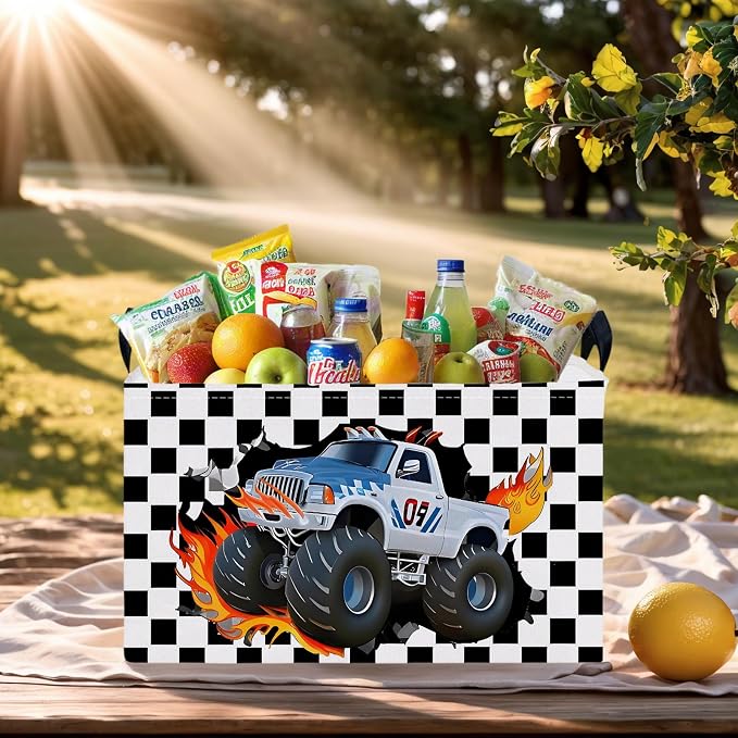 Racing Car Storage Basket Monster Truck Toy Book Shelf Basket Kid Room Decor Gift (Black and White Checkered)