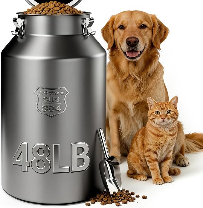 IPOW 48 lb Large 304 Stainless Steel Dog Food Bin with Airtight Lid, Pet Food Container for Dogs & Cats, Keep Fresh, Easy to Clean