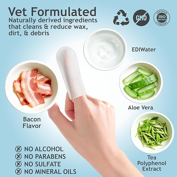 DOCO Pet Dog Teeth Cleaning Wipes – Deodorizing Finger Wipes for Dogs & Cats | Helps Reduce Plaque & Tartar Buildup, Supports Fresh Breath, No Rinse (Bacon, 100 Count)