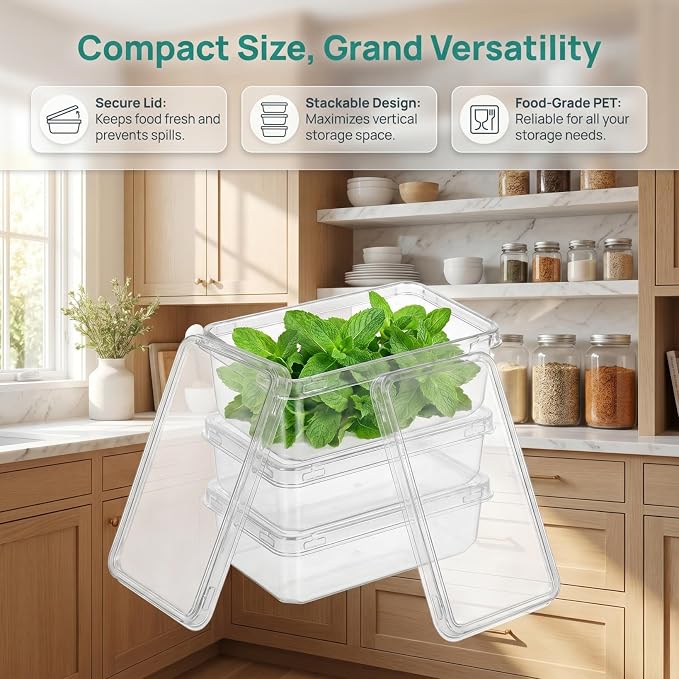 BESTonZON 10Pcs Small Clear Plastic Storage Bins with Lids | Kitchen Pantry Organizers and Fridge Containers for Cabinet, Snack, Spice Organization, Acrylic Basket