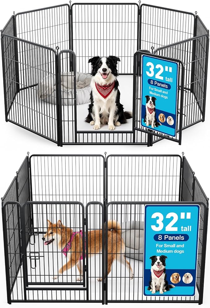 Metal Dog Playpen - 32" Height 8 Panels Foldable Exercise Pen for Dogs Indoor/Outdoor Pen with Door for Pet Animals Portable Pet Playpen Polygon Dog Enclosure (Black)