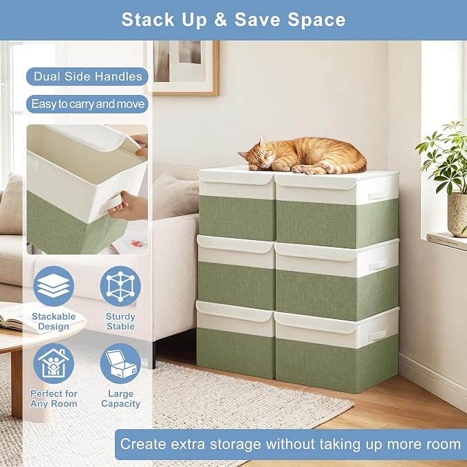 Large 22 Quart Linen Fabric Foldable Storage Bin Cube Organizer Basket with Flip-Top Lid & Handles, Clothes Blanket Box for Home, Office, Closet, Green & White, 4 Pack 14.6 x 9.5 x 9.5