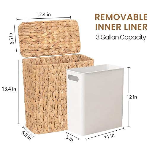 Wicker Trash Can,3 Gallon Bathroom Trash Can with Lid,Handwoven Water Hyacinth Rattan Waste Basket with Removable Liner and Built-in Handles for Bedroom,Toilet,Narrow Spaces