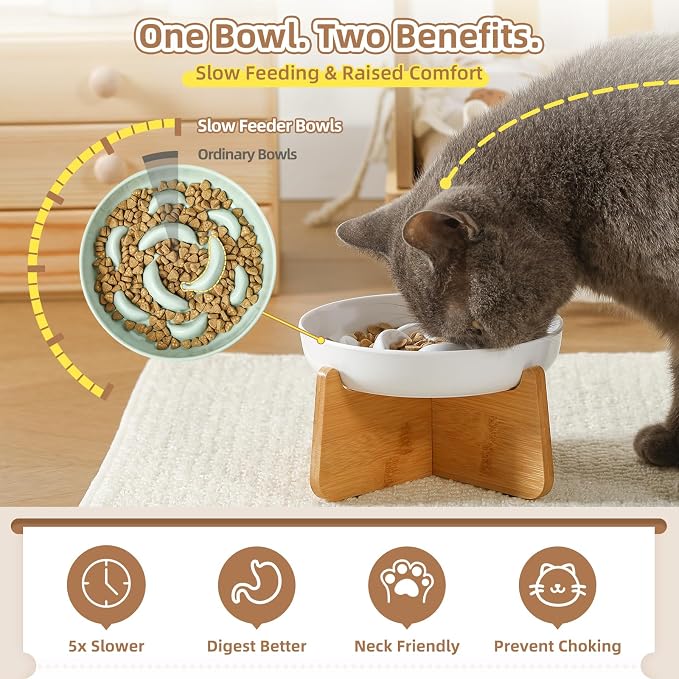 Elevated Cat Bowl Stand - Bamboo Base for Cat Dish - Non-Slip Pet Feeding Holder - Anti-Vomit & Stress-Free - Bowl Not Included
