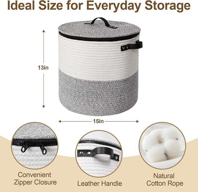 Storage Basket with Lid, 15"x13" Round Woven Blanket Storage for Living Room, Soft Cotton Rope Bin with Zipper Top, Shoe Basket with Lid for Entryway, Floor Kids Dog Toy Bin Box with Cover