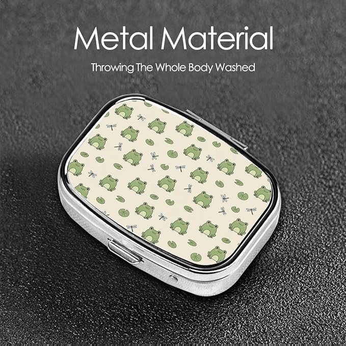 Metal Vitamin Case Tiny Pill Organizer Purse Clip-On Daily Supplement Container Gym Bag, Green Frog Animal Cute Frogs