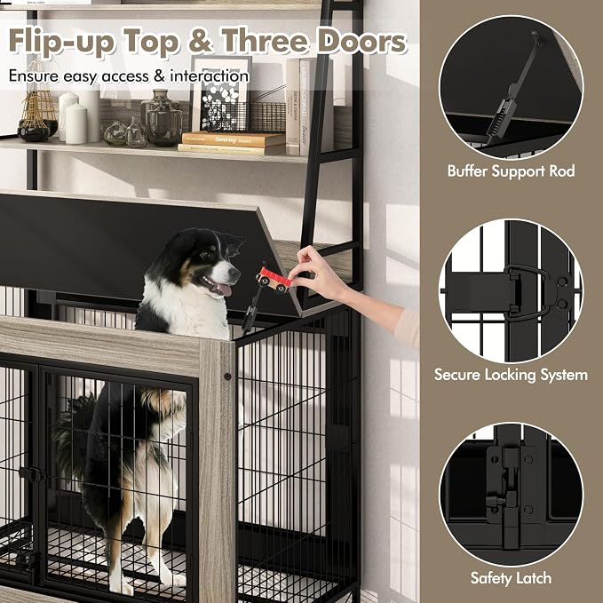 PETSITE Portable Dog Crate Furniture with Storage Shelves, 59 Inch Wooden Dog Kennel with Flip-up Top, 3 Lockable Doors and Removable Tray, Ideal for Small to Medium Dogs (Grey)