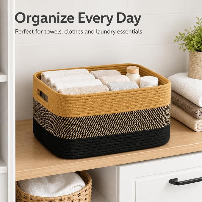 12.8GAL Kids Stuffed Animal Toy Storage Organizer, Cute Mini Nursery Laundry Basket for Baby Girls Boys Dirty Clothes, Picture Books, Small Cotton Rope Wicker Hamper for Bathroom Towels Khaki Black