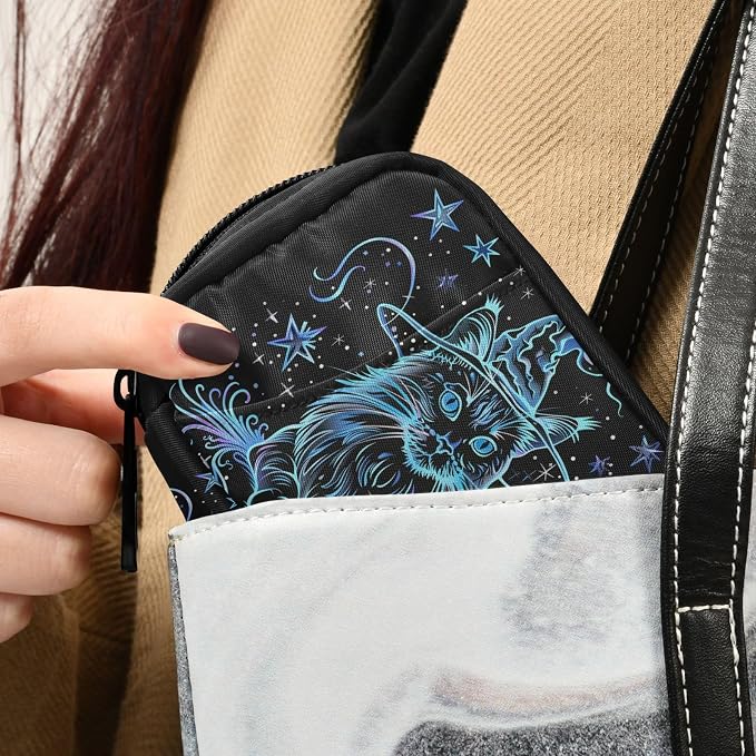 Fustylead Halloween Mystic Blue Cat Wear Witch Hat and Stars Pill Organizer Case with Zipper 2 Times A Day for Vitamin and Supplement, 7 Day Travel Organizer Medicine Case