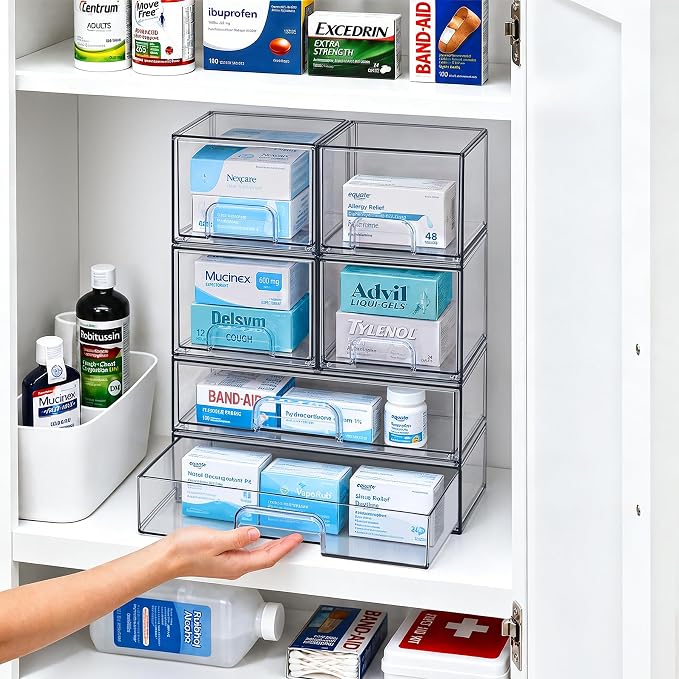 Clear Stackable Storage Drawers, Acrylic Bathroom Makeup Organizer, Plastic Bins for Art Tool & Sketch, Sturdy and Durable Containers for Countertop, Cabinet, Vanity, Pantry Organization