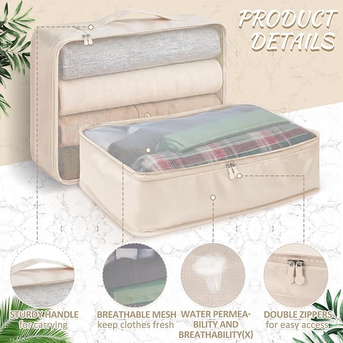 Silkfly 4 Pcs XL Packing Cube for Travel Luggage,Simple,Beige | 17.7 x 13 x 4.7, Same Size, Beige Suitcase Storage Organizer Set, Reusable Mesh Clothes Cube for Hiking Camp Family Accessory