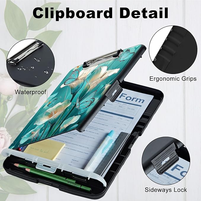 A4 Clipboard with Storage Pen Holder, Clipboards Organizer Nursing Clipboard Foldable File Folder Plastic Clipboard Folio Clip Board for Office Work Classroom Doctor, Blue Lily