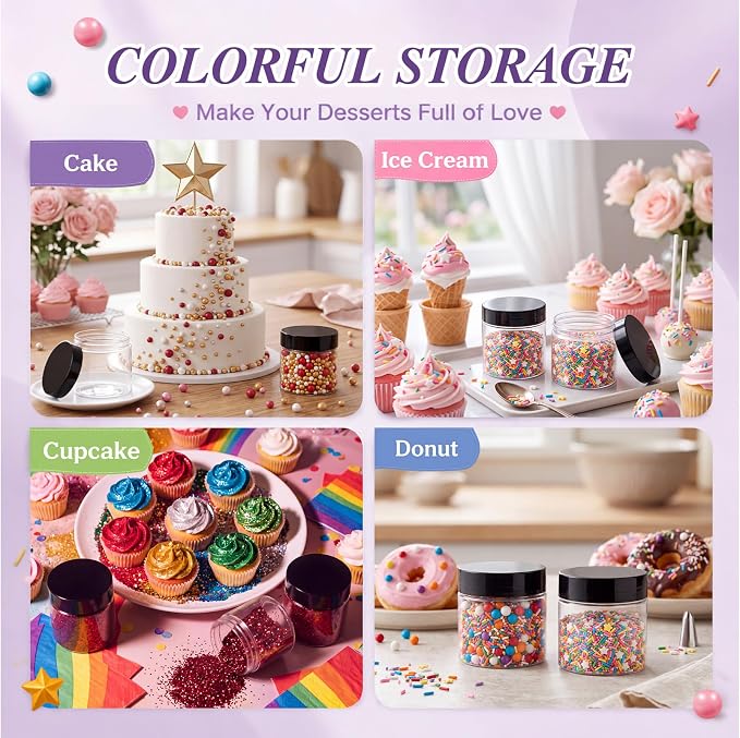 Patelai 60 Pcs Plastic Containers with Lids, Round Leakproof Cosmetic Containers, Multipurpose Storage Jars for Makeup, Lotion, Ointment, Rhinestone Samples, Dry Food and Toiletries (Black,4 oz)