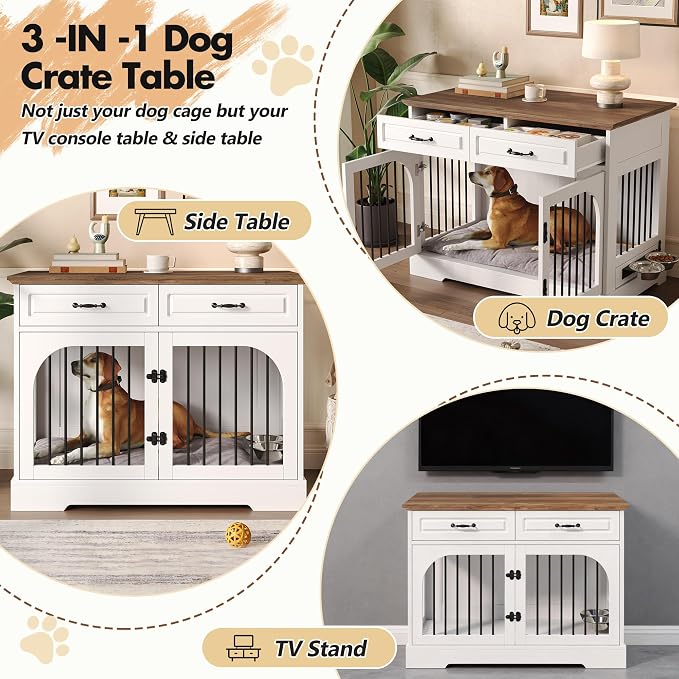 Merax 43.3" Farmhouse Dog Crate Furniture with Rotating Bowls & Drawers – Wooden Indoor Pet Kennel Side Table with Metal Bars – Stylish Dog House for Medium to Large Breeds, White & Brown