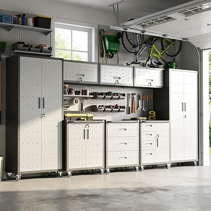 Garage Cabinet System | Heavy Duty Steel All-in-One Modular Garage Cabinet Set for Ultimate Workshop Organization | Easy Assembly Garage Storage Cabinets & Tool Bench