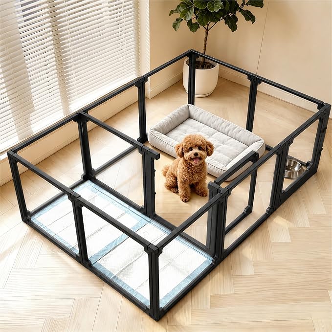 FlexiSpace Adjustable Clear Dog Play Pen, Expandable & Stackable Acrylic Dog Playpen, ONLY Dog Play Pen Indoors Grow with Your Pet Puppy Playpen (Black, 24", 12 Panels)