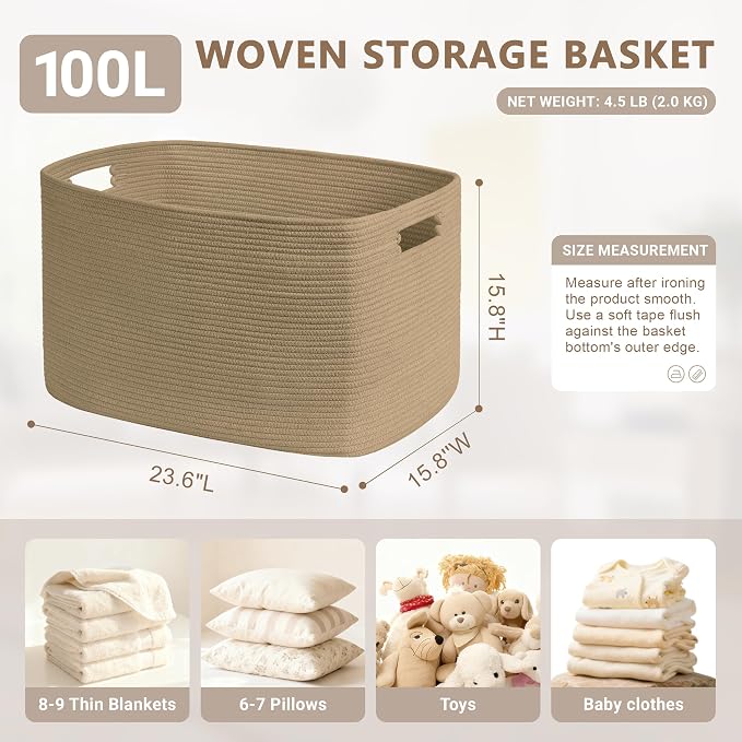100L Extra Large Woven Laundry Basket Hamper with Handles, Jute | collapsible wicker hamper, storage for dirty clothes, toys, blankets, gifts, living room, bedroom, bathroom, 24"x16"x16"