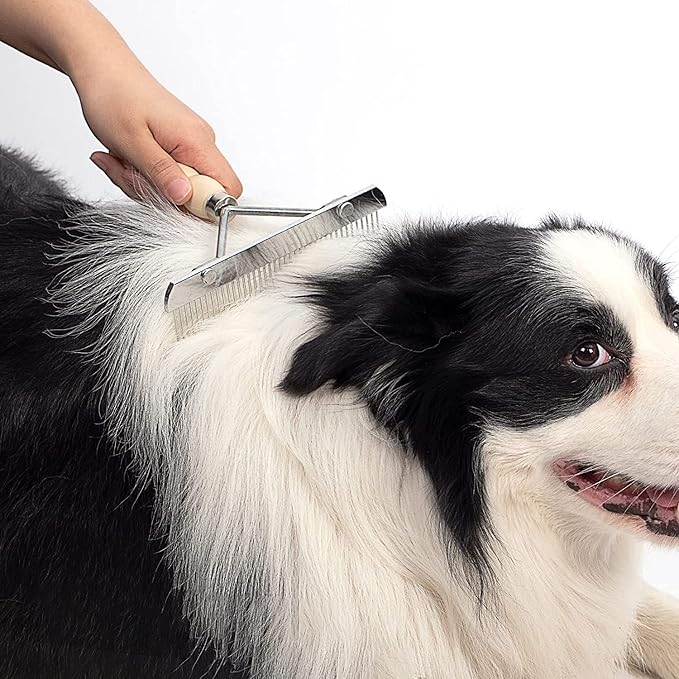 Dog Rake for Undercoat, Pet Grooming Set Long-Tooth Metal Brush & Stainless Steel Shedding Comb for Big Dogs Long-Haired Cats Horse