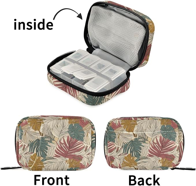 Fustylead Vintage Tropical Line Art Palm Leaves Pill Organizer for Purse, Weekly Portable Pill Box with Zipper to Storage Vitamins Fish Oils Medications Supplements