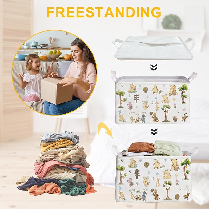 Winnie Storage Nursery Basket,Large squarecanvas Laundry Hamper WithWinnie baby Stuff A Waterproof PECoating, Foldable, Bathroom and Bedroom SetClothes ,Toys Bin, Baby Nursery HamperDecor